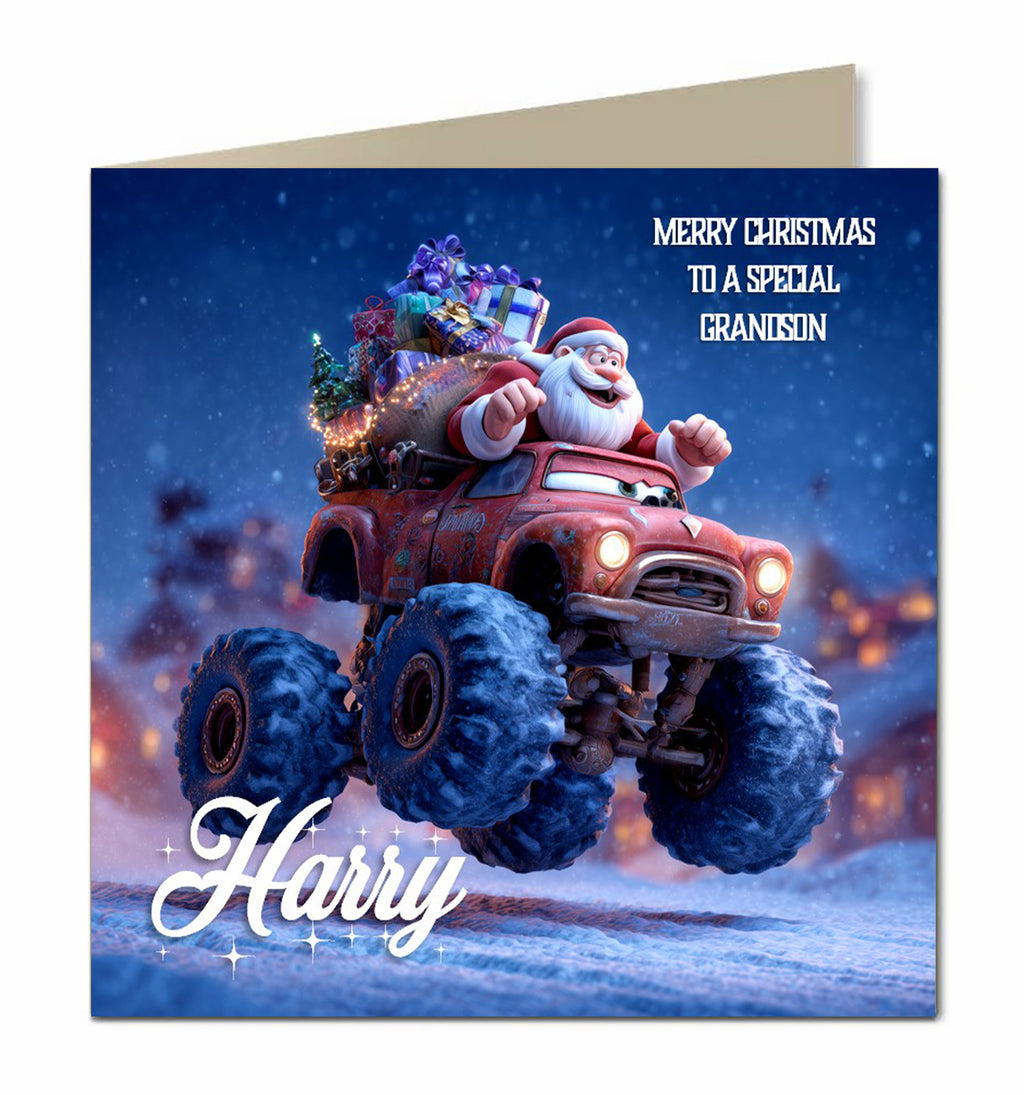 Personalised Christmas Card For Granddaughter, Grandson, Daughter, Son, Nephew, Niece, Santa Monster Truck