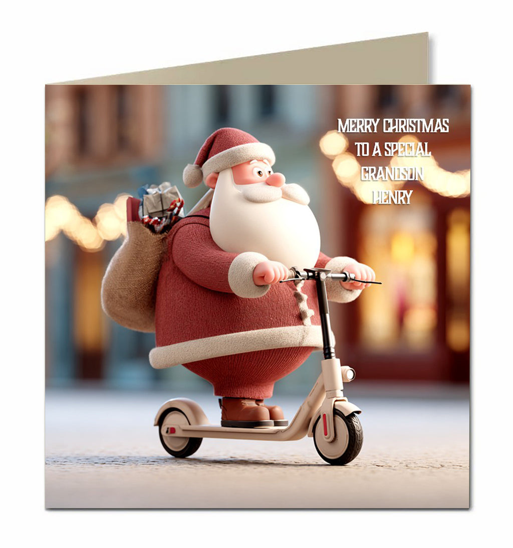 Personalised Christmas Card For Granddaughter, Grandson, Daughter, Son, Nephew, Niece, Santa on a Scooter