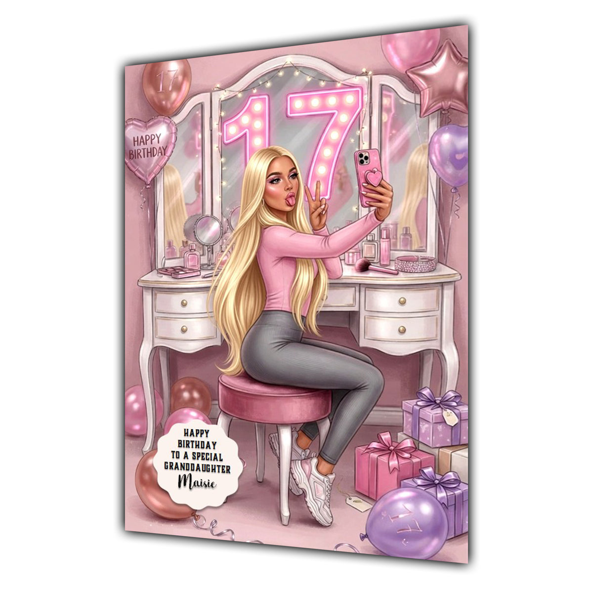 Personalised 17th Birthday Card - Girl at a Dressing Table - Blonde Hair