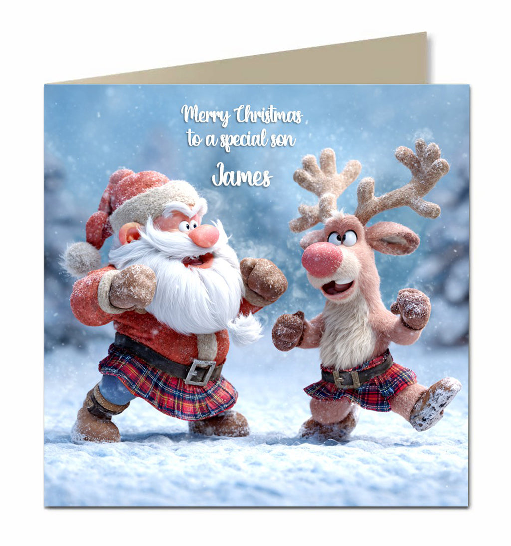 Personalised Christmas Card - Santa and Reindeer in Tartan Kilts