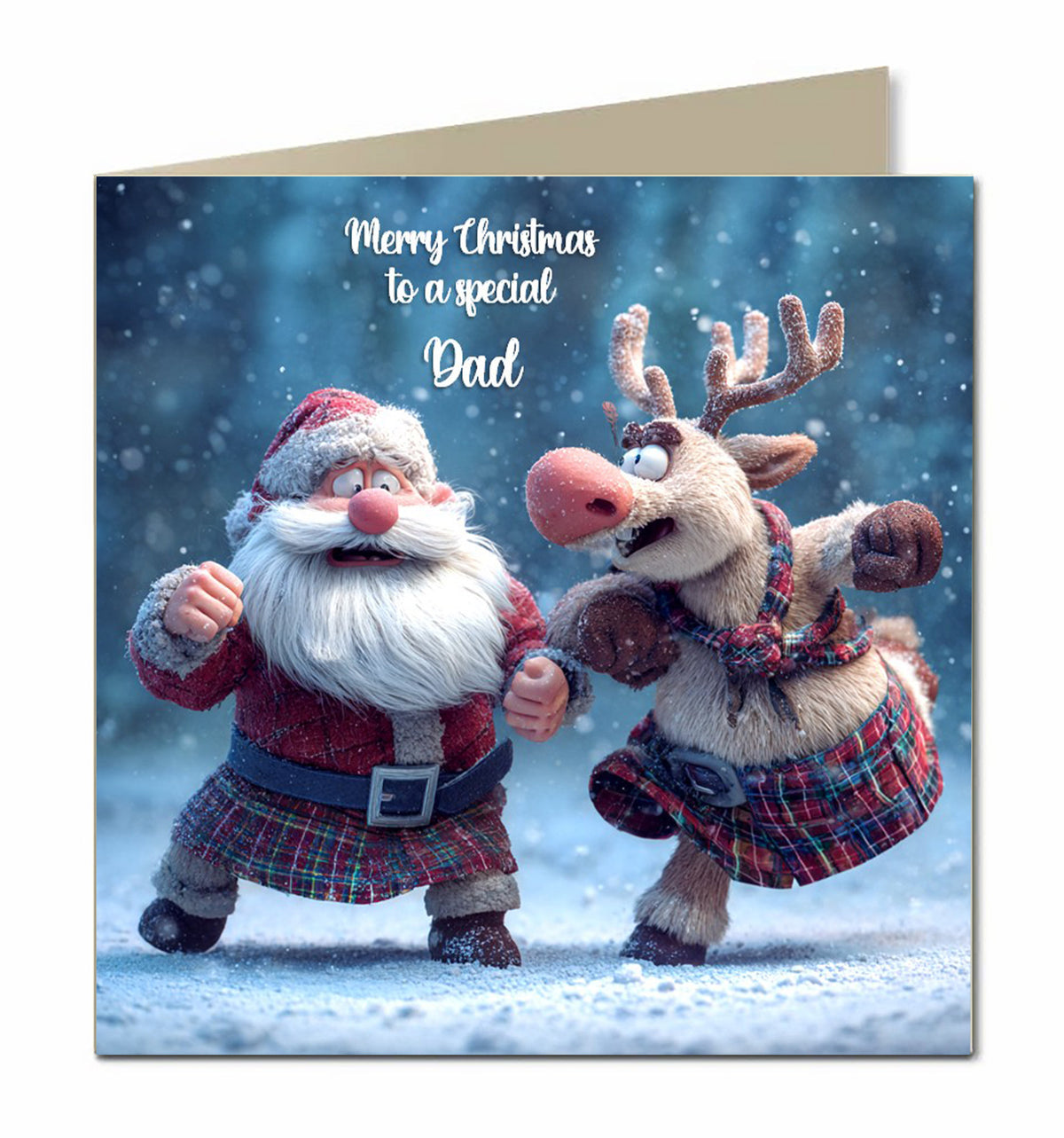 Personalised Christmas Card For Grandson, Dad, Son, Nephew, Uncle, Friend, Scottish Santa and Rudolph Fighting, Boxing, Kilt, Tartan, Funny,