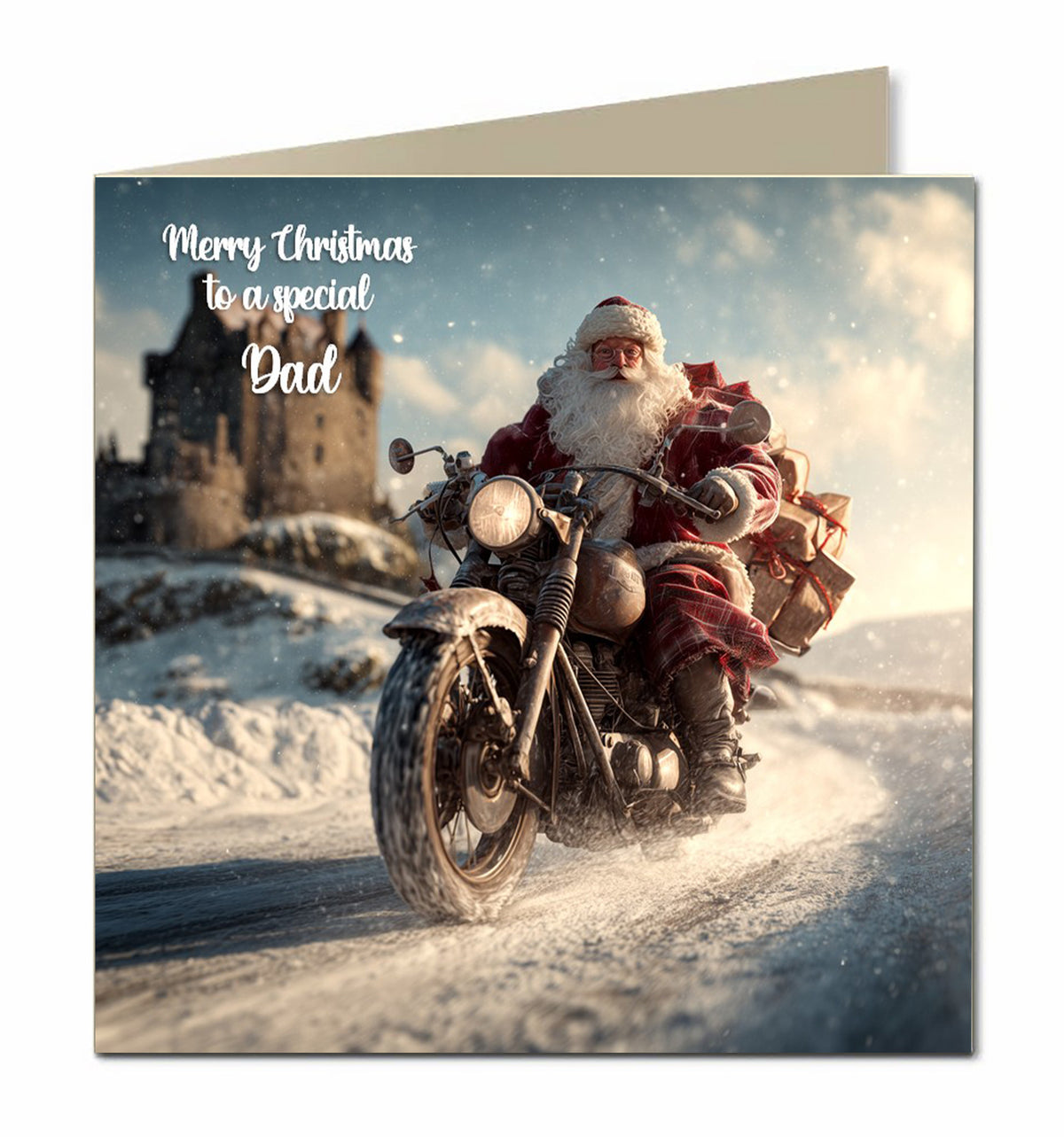Personalised Christmas Card For Grandson, Dad, Son, Nephew, Uncle, Friend, Scottish Santa Delivers Presents on a Motorbike in the Highlands