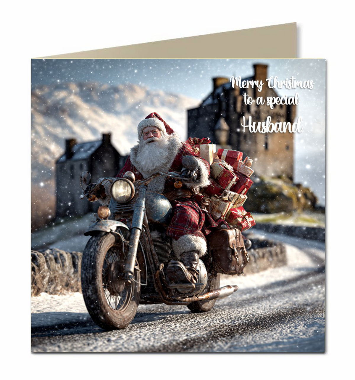 Personalised Christmas Card For Grandson, Dad, Son, Nephew, Uncle, Friend, Scottish Santa Delivers Presents on a Motorbike in the Highlands