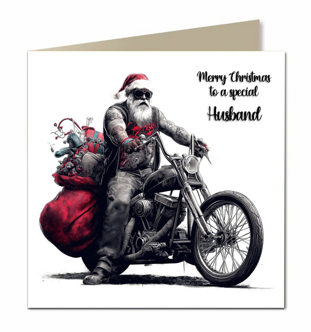 Personalised Christmas Card For Grandson, Dad, Son, Nephew, Uncle, Friend, Husband, Hells Angel Santa on a Motorbike