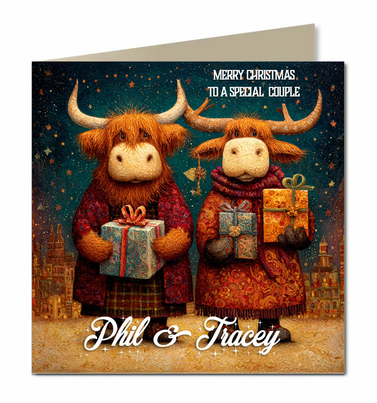 Personalised Christmas Card - Festive Highland Cow Couple