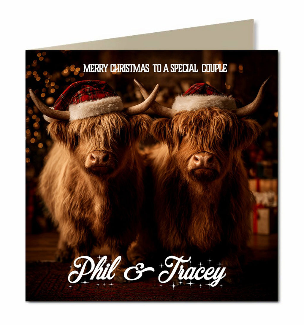 Personalised Christmas Card - Highland Cow Couple in Santa Hats