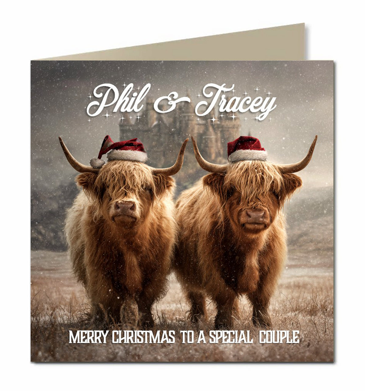 Personalised Christmas Card - Highland Cow Couple in Santa Hats