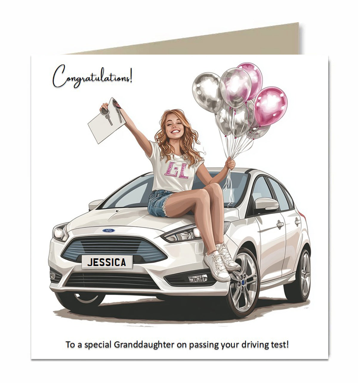 Personalised Driving Test Congratulations Card - Girl Celebrating with Car and Balloons