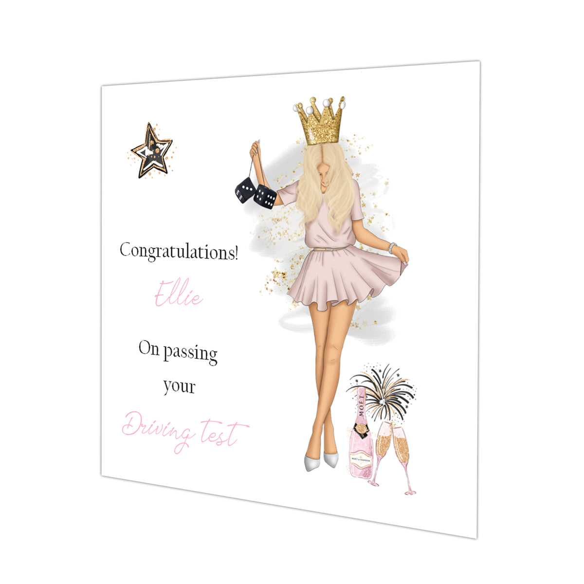 Personalised Driving Test Congratulations Card - Blonde Woman with Crown and Champagne