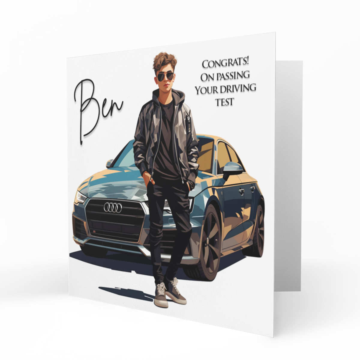 Personalised Driving Test Congratulations Card - Young Man with Sports Car