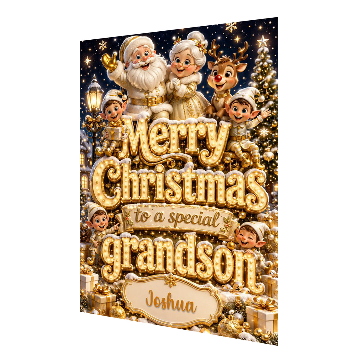 Personalised Christmas Card - Santa, Mrs Claus and Elves in Gold