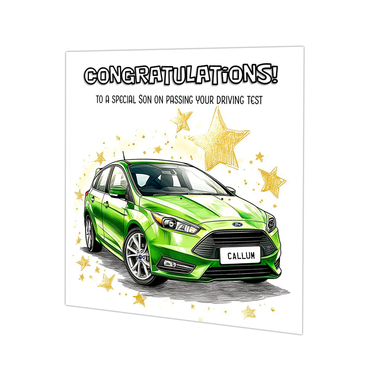Personalised Driving Test Congratulations Card - Focus Green Car