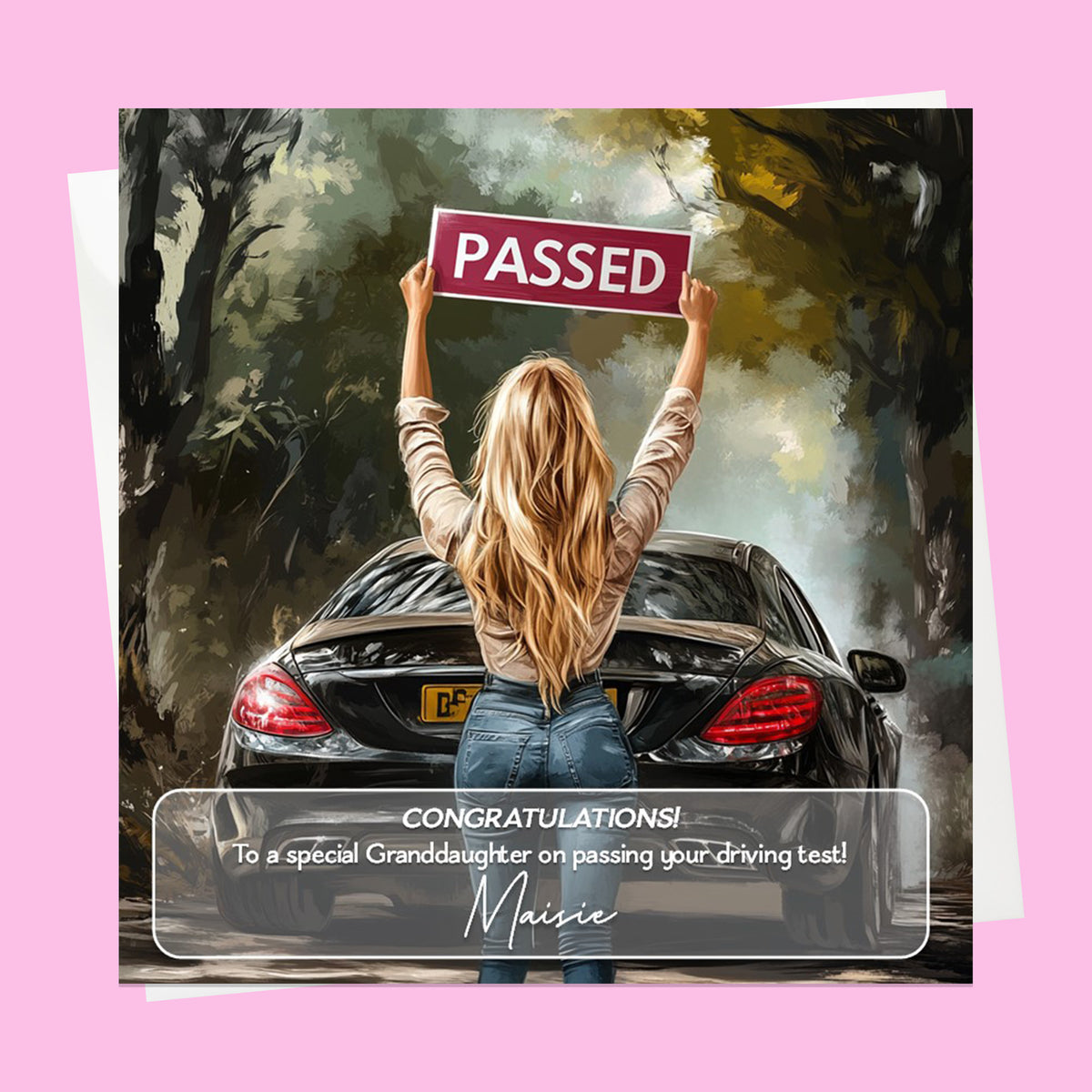 Personalised Driving Test Congratulations Card - Woman Holding Passed Sign by a Car