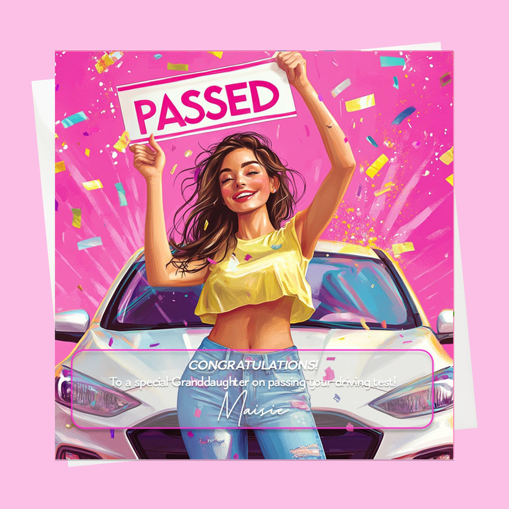 Personalised Congratulations Passed Your Driving Test Card Granddaughter, Daughter, Niece, Friend Brunette Girl