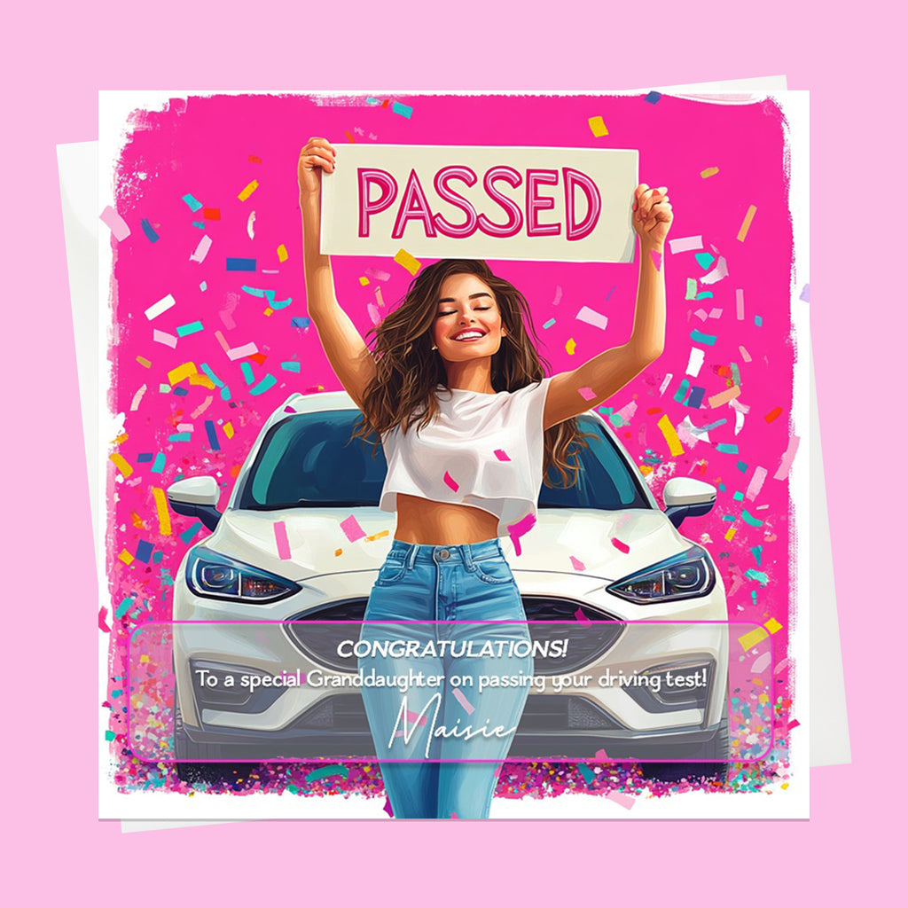 Personalised Congratulations Passed Your Driving Test Card Granddaughter, Daughter, Niece, Friend Brunette Girl