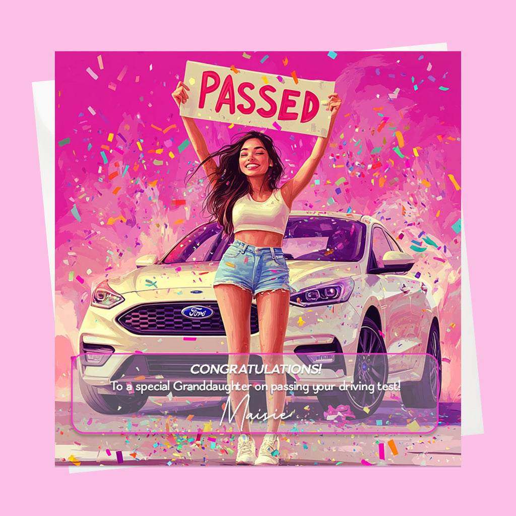 Personalised Congratulations Passed Your Driving Test Card Granddaughter, Daughter, Niece, Friend Brunette Girl