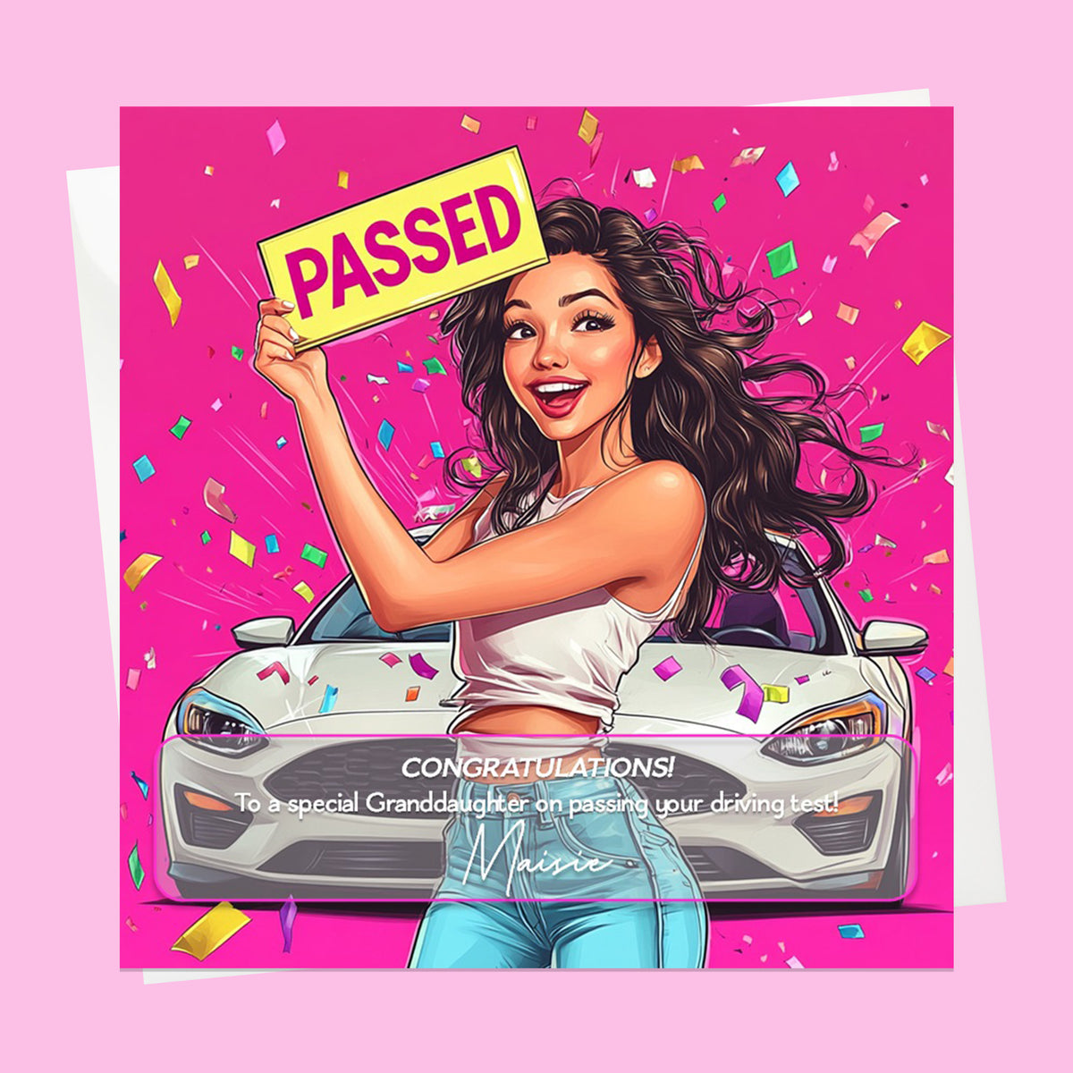 Personalised Congratulations Passed Your Driving Test Card Granddaughter, Daughter, Niece, Friend Brunette Girl
