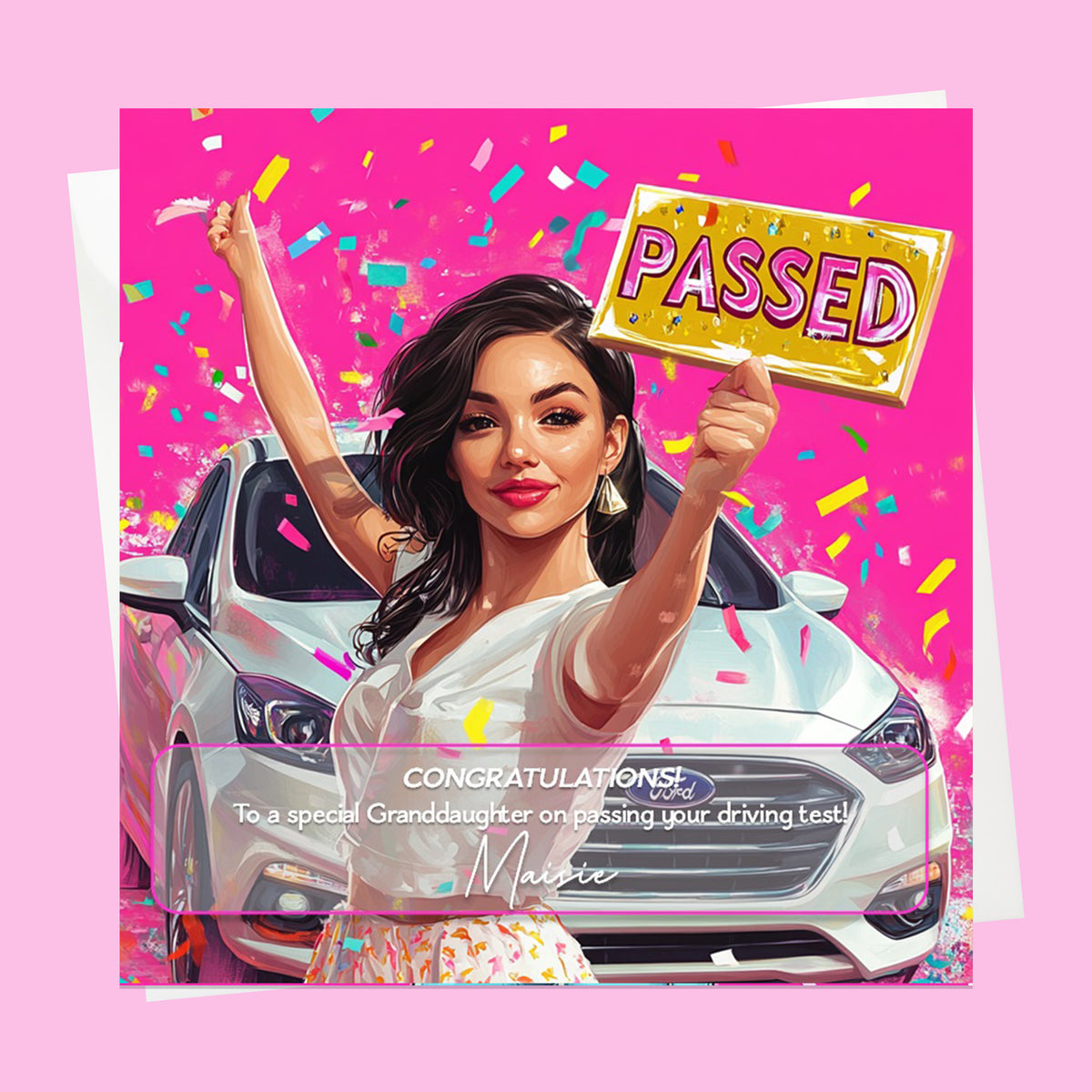 Personalised Congratulations Passed Your Driving Test Card Granddaughter, Daughter, Niece, Friend Brunette Girl