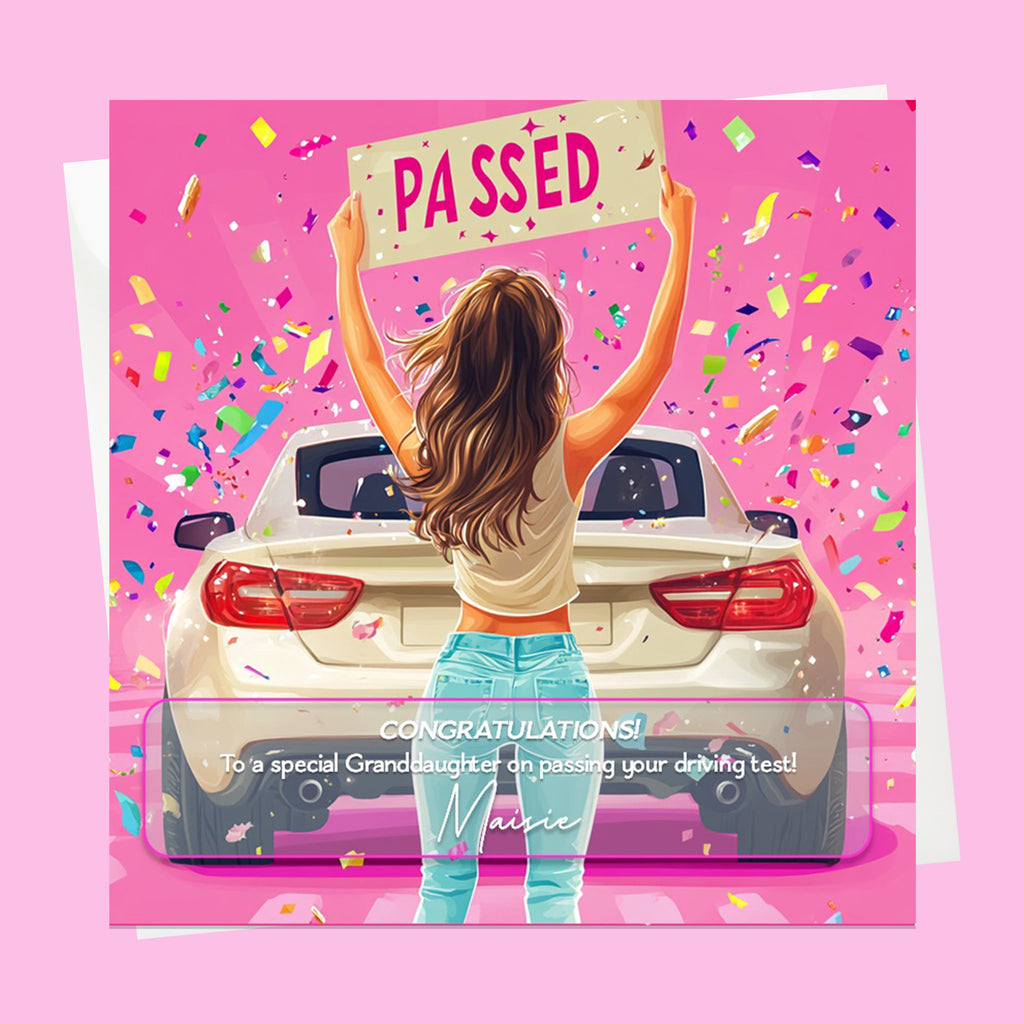 Personalised Congratulations Passed Your Driving Test Card Granddaughter, Daughter, Niece, Friend Brunette Girl
