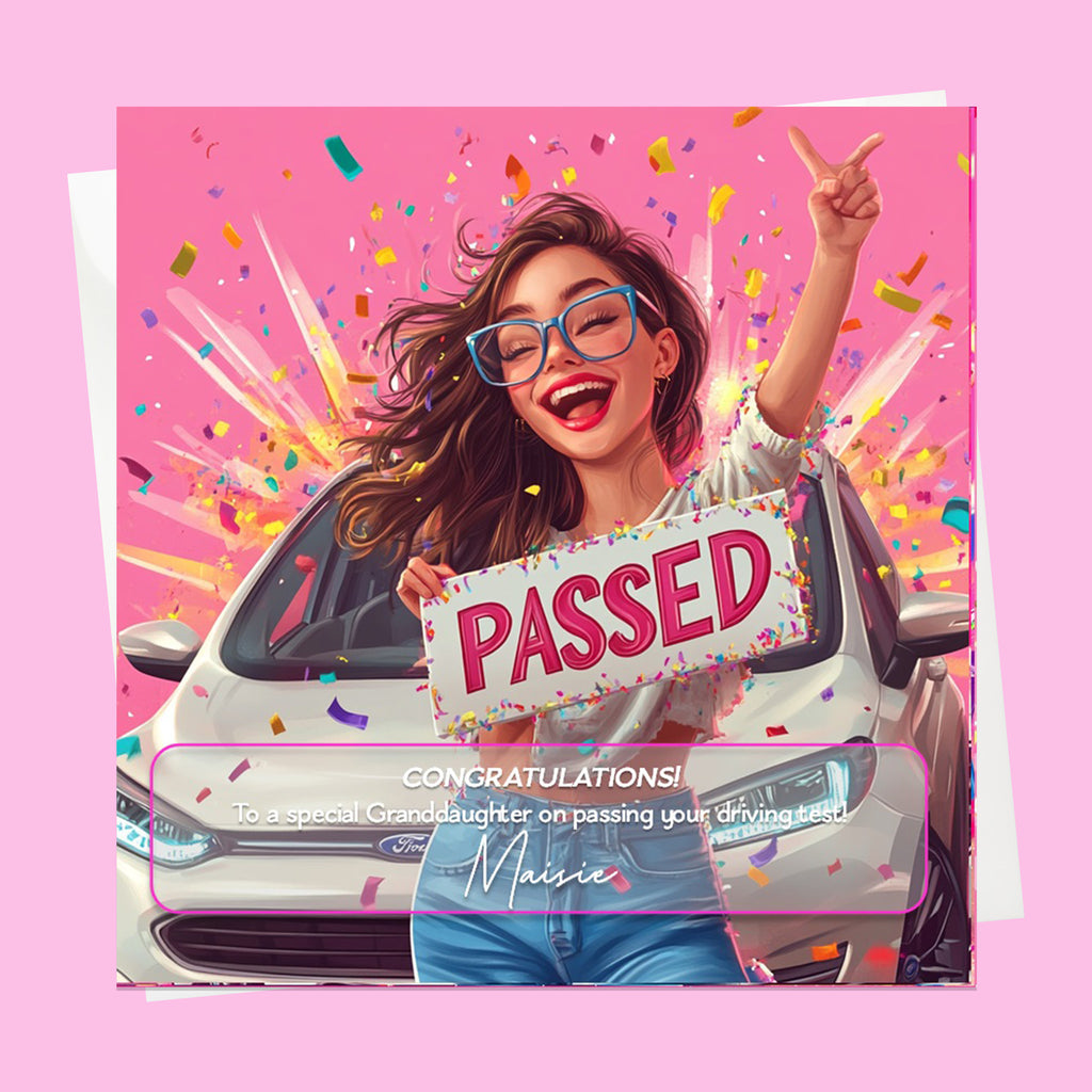 Personalised Congratulations Passed Your Driving Test Card Granddaughter, Daughter, Niece, Friend Brunette Girl