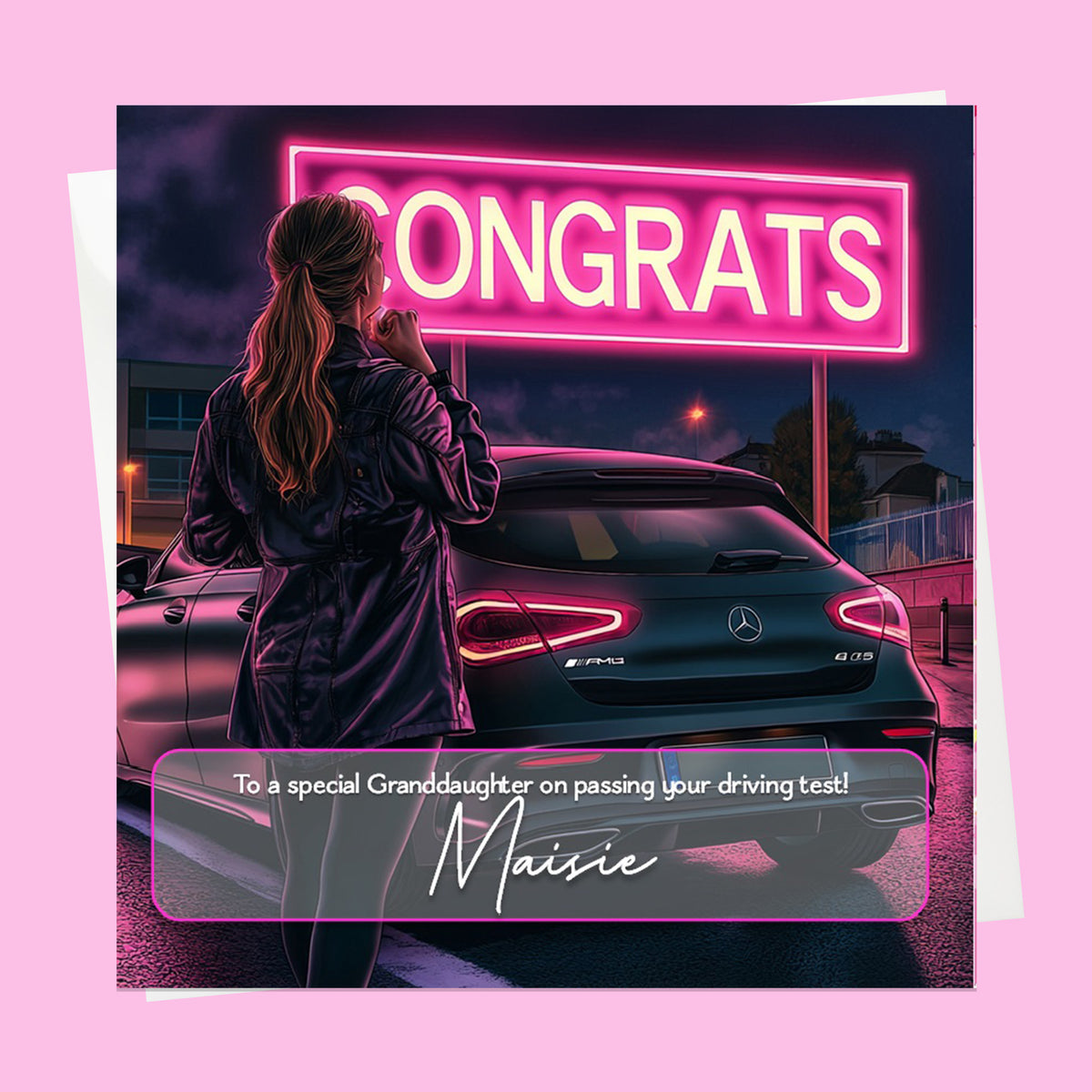 Personalised Congratulations Passed Your Driving Test Card Granddaughter, Daughter, Niece, Friend Brunette Girl Merc