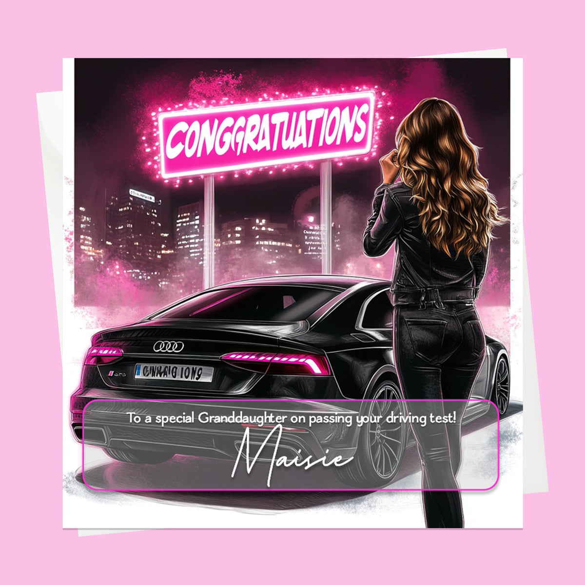 Personalised Congratulations Passed Your Driving Test Card Granddaughter, Daughter, Niece, Friend Brunette Girl Merc