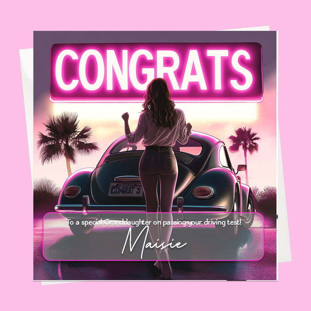 Personalised Congratulations Passed Your Driving Test Card Granddaughter, Daughter, Niece, Friend Brunette Girl Beetle