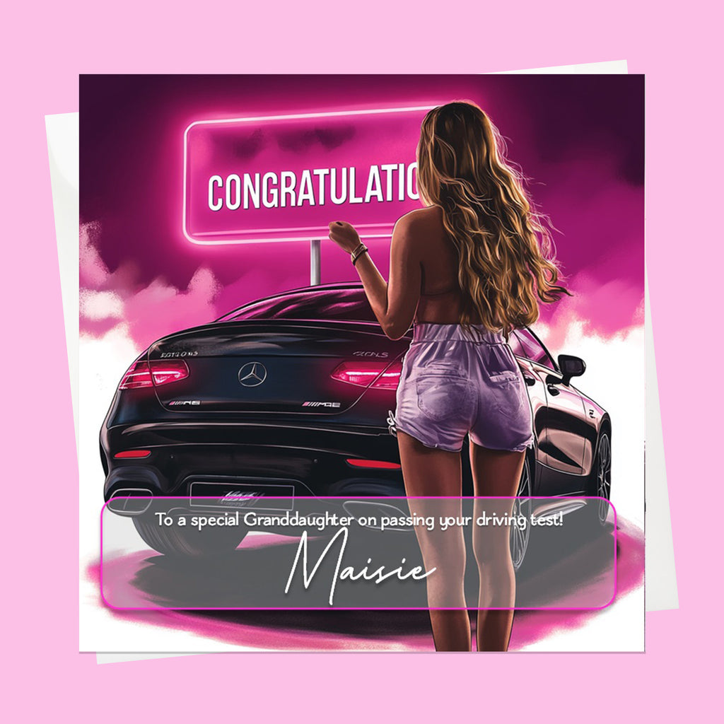 Personalised Congratulations Passed Your Driving Test Card Granddaughter, Daughter, Niece, Friend Brunette Girl Merc