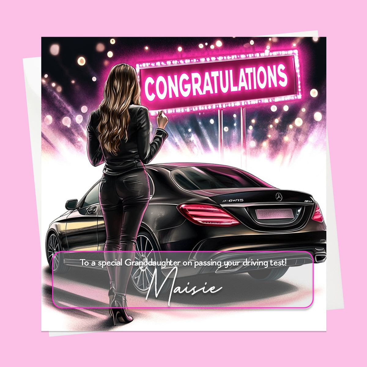 Personalised Congratulations Passed Your Driving Test Card Granddaughter, Daughter, Niece, Friend Brunette Girl Merc