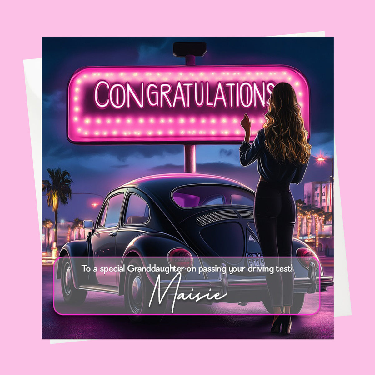 Personalised Congratulations Passed Your Driving Test Card Granddaughter, Daughter, Niece, Friend Brunette Girl Beetle