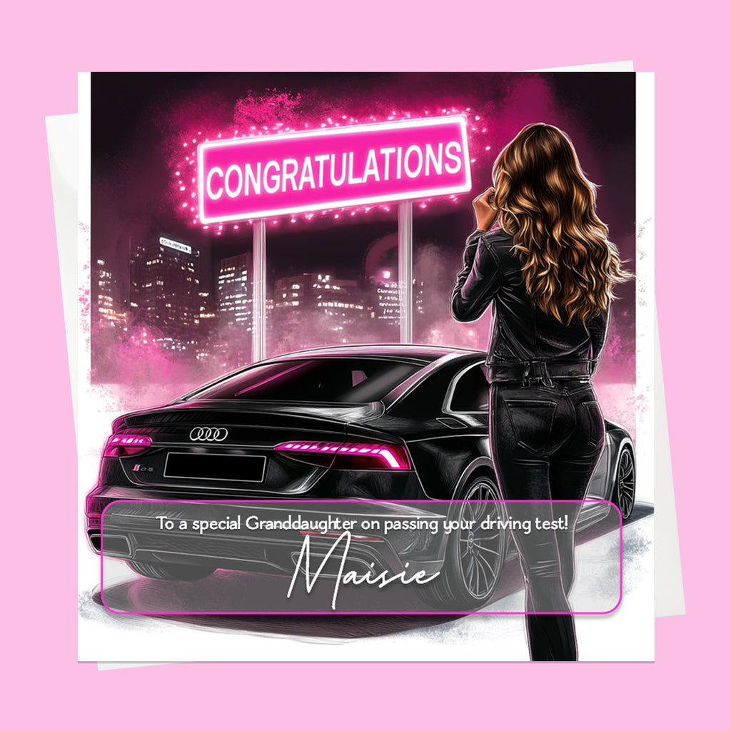 Personalised Congratulations Passed Your Driving Test Card Granddaughter, Daughter, Niece, Friend Brunette Girl Merc