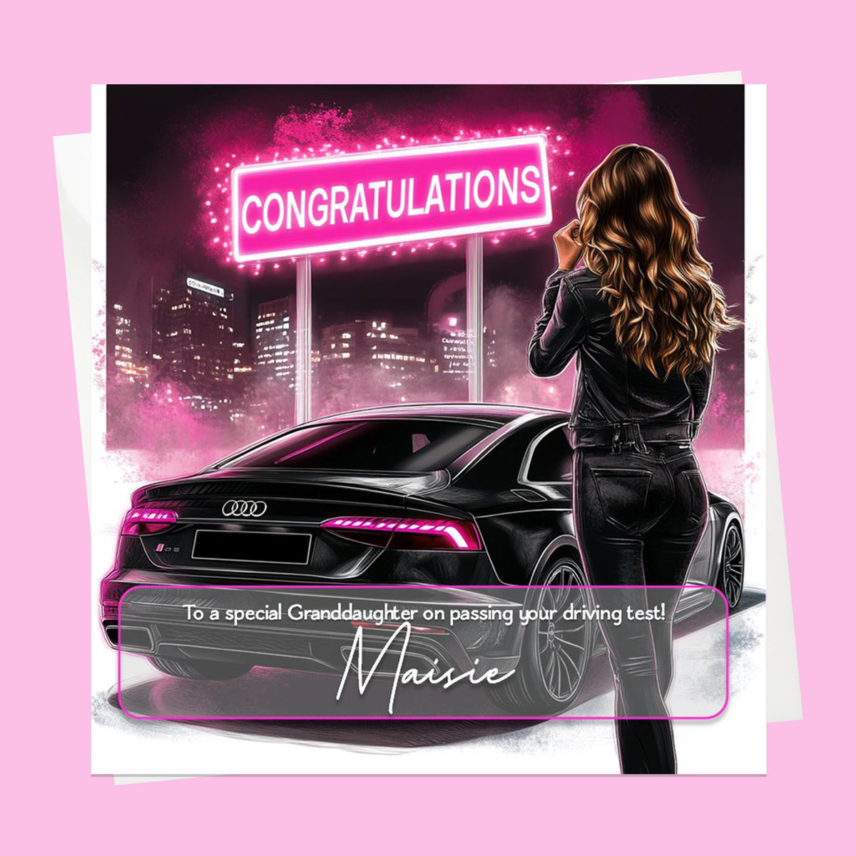 Personalised Congratulations Passed Your Driving Test Card Granddaughter, Daughter, Niece, Friend Brunette Girl Merc