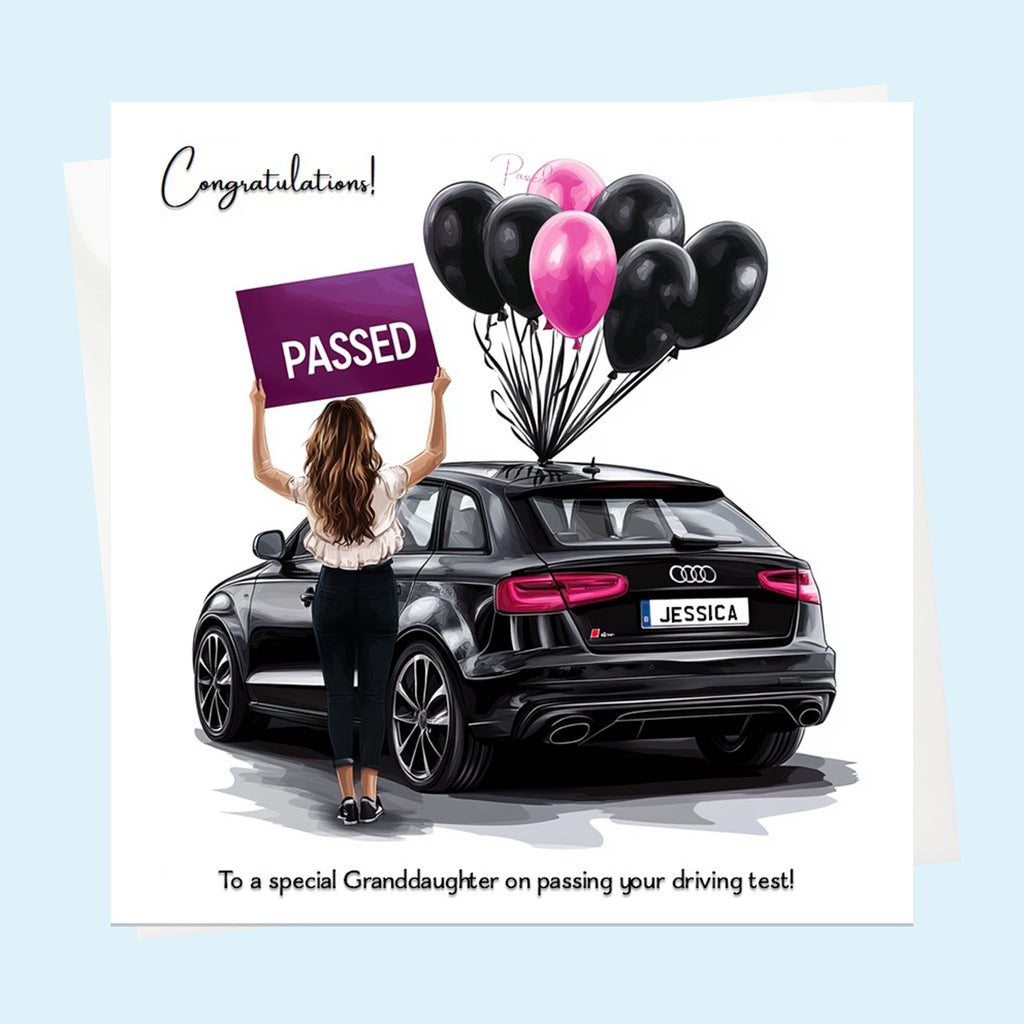 Personalised Congratulations Passed Your Driving Test Card Granddaughter, Daughter, Niece, Friend Brunette Girl