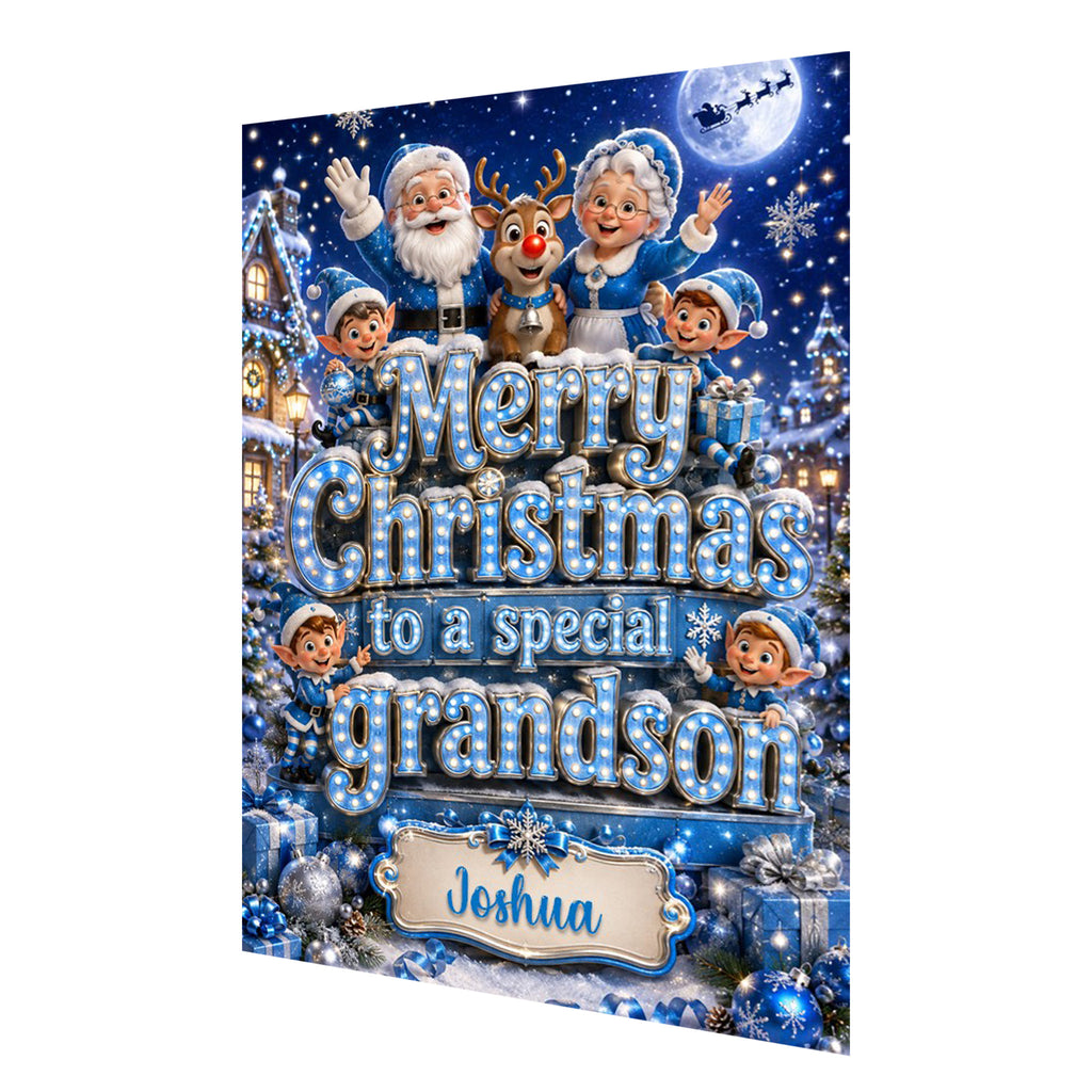 Personalised Christmas Card - Santa, Mrs Claus and Elves in Blue