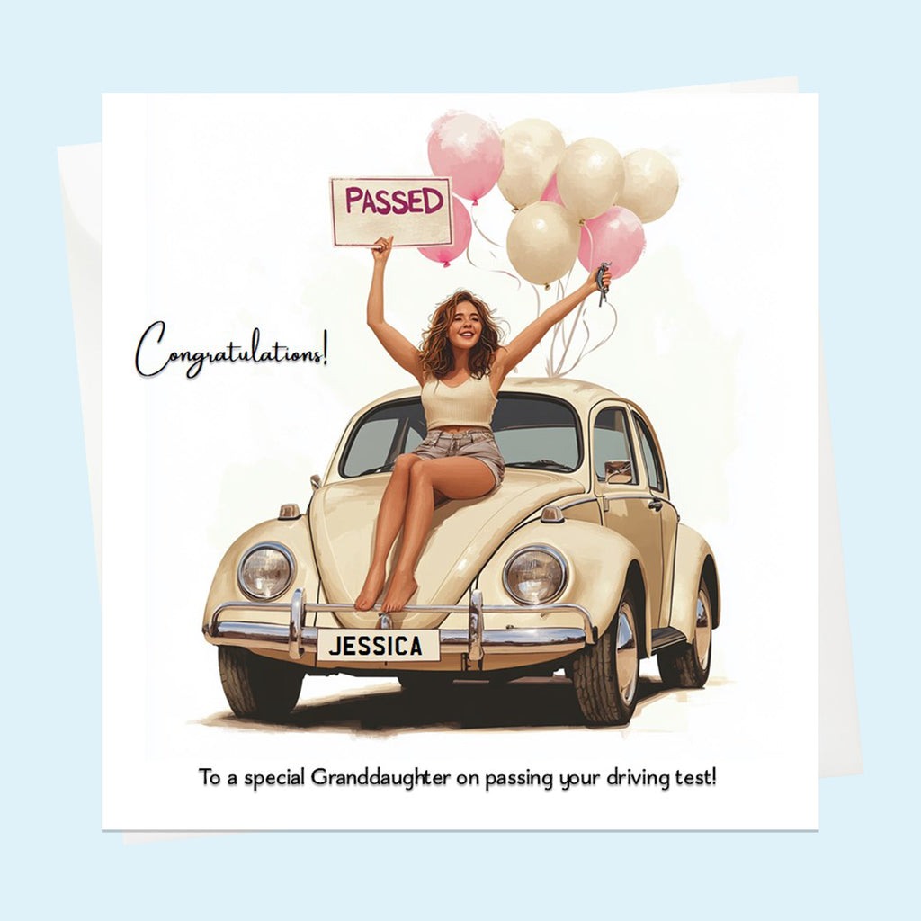 Personalised Congratulations Passed Your Driving Test Card Granddaughter, Daughter, Niece, Friend Beetle Brunette Girl