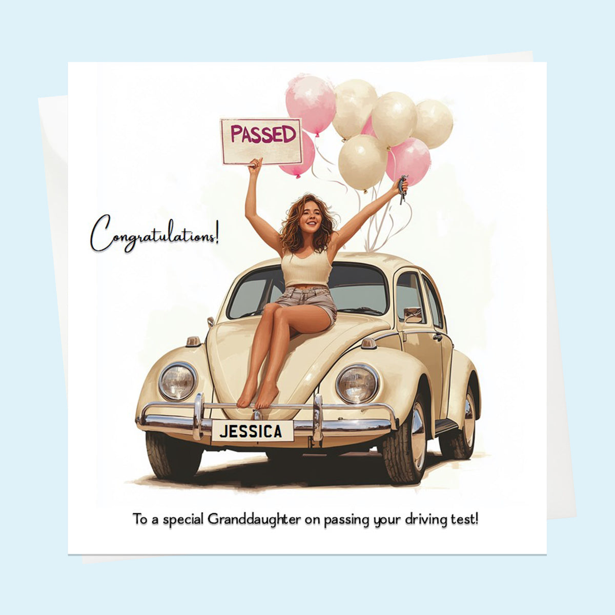Personalised Congratulations Passed Your Driving Test Card Granddaughter, Daughter, Niece, Friend Beetle Brunette Girl