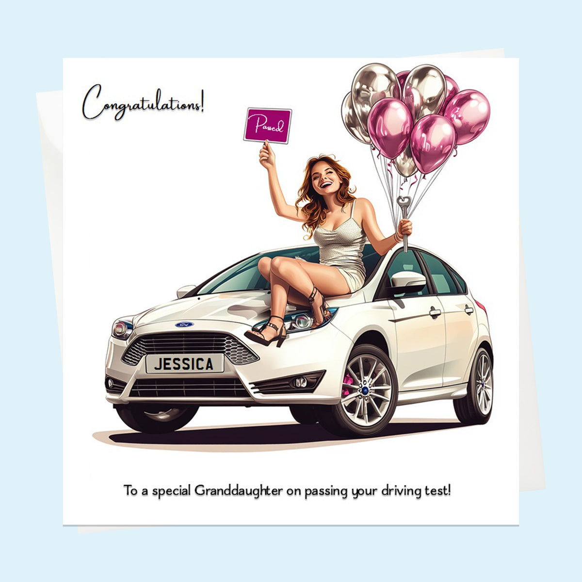 Personalised Congratulations Passed Your Driving Test Card Granddaughter, Daughter, Niece, Friend Focus Fiesta Brunette Girl