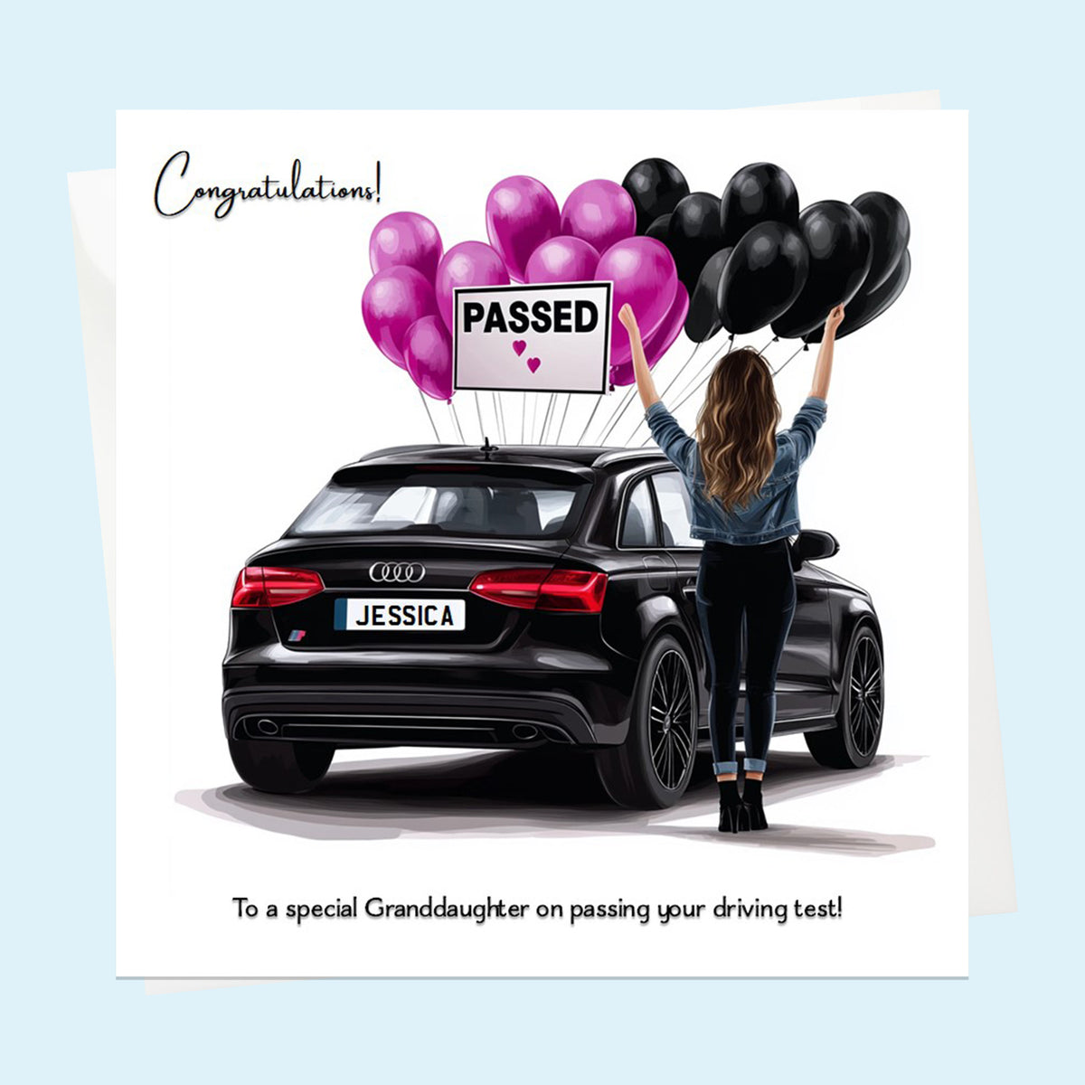 Personalised Congratulations Passed Your Driving Test Card Granddaughter, Daughter, Niece, Friend Brunette Girl