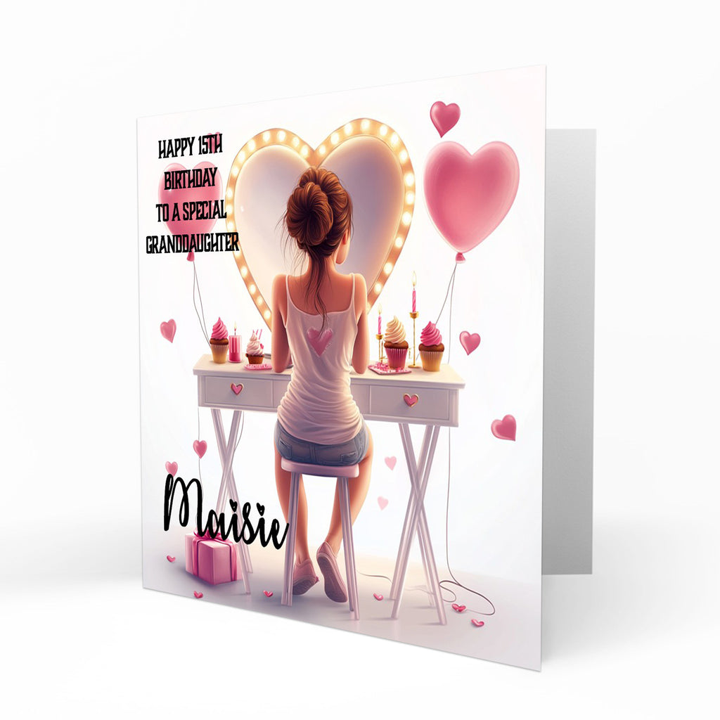 Personalised 13th 14th 15th 16th Birthday Card Girls With Brown Hair, Granddaughter Niece Daughter Sister Friend Dressing Table Lights