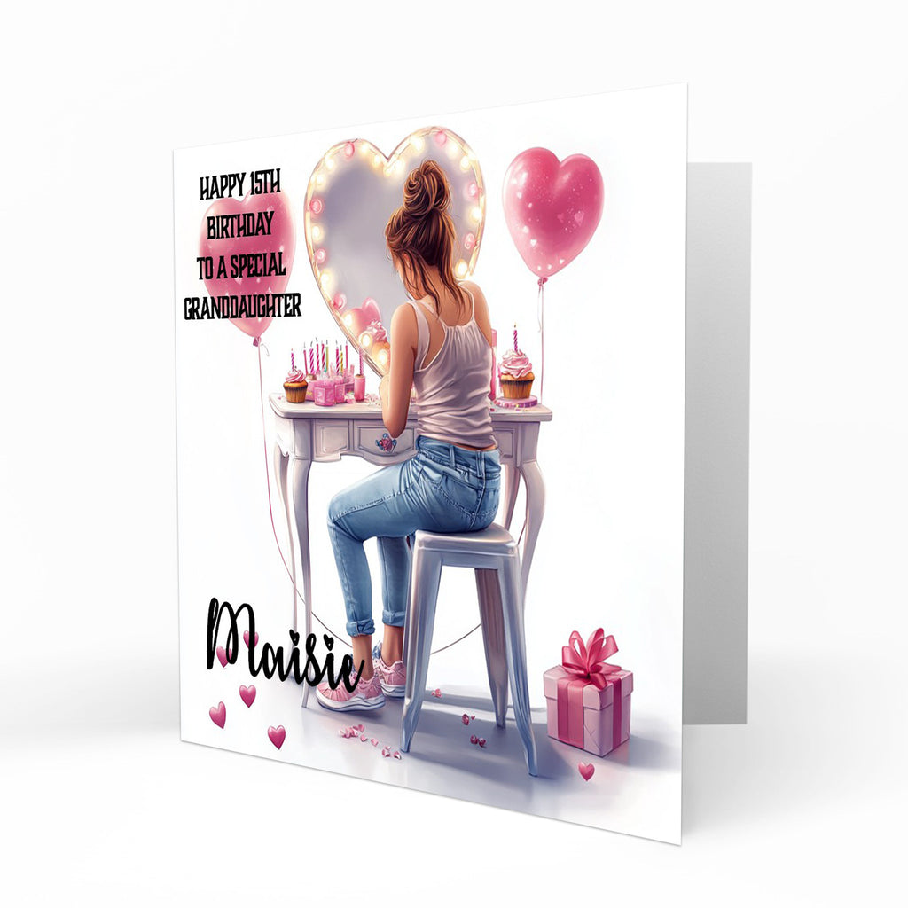Personalised 13th 14th 15th 16th Birthday Card Girls With Brown Hair, Granddaughter Niece Daughter Sister Friend Dressing Table Lights