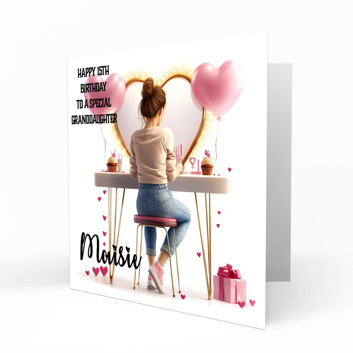 Personalised 13th 14th 15th 16th Birthday Card Girls With Brown Hair, Granddaughter Niece Daughter Sister Friend Dressing Table Lights