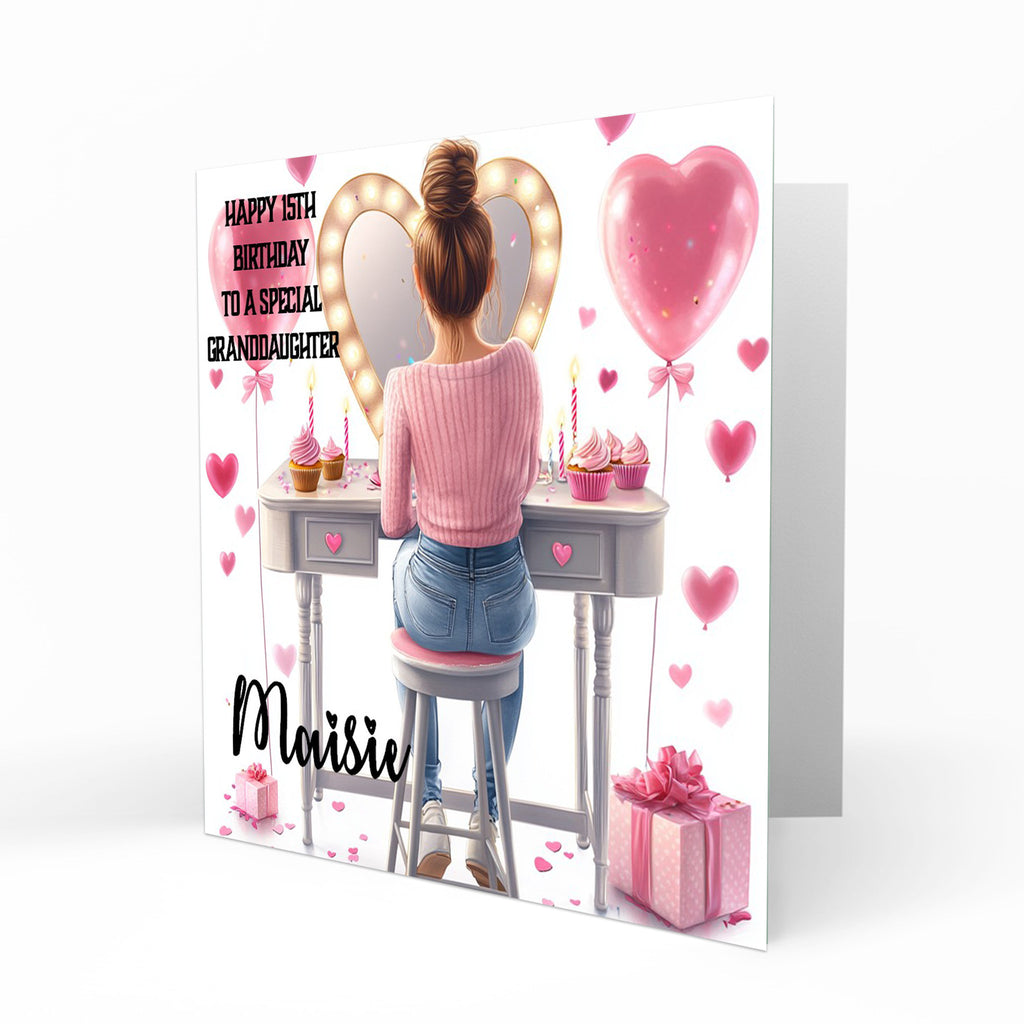 Personalised 13th 14th 15th 16th Birthday Card Girls With Brown Hair, Granddaughter Niece Daughter Sister Friend Dressing Table Lights
