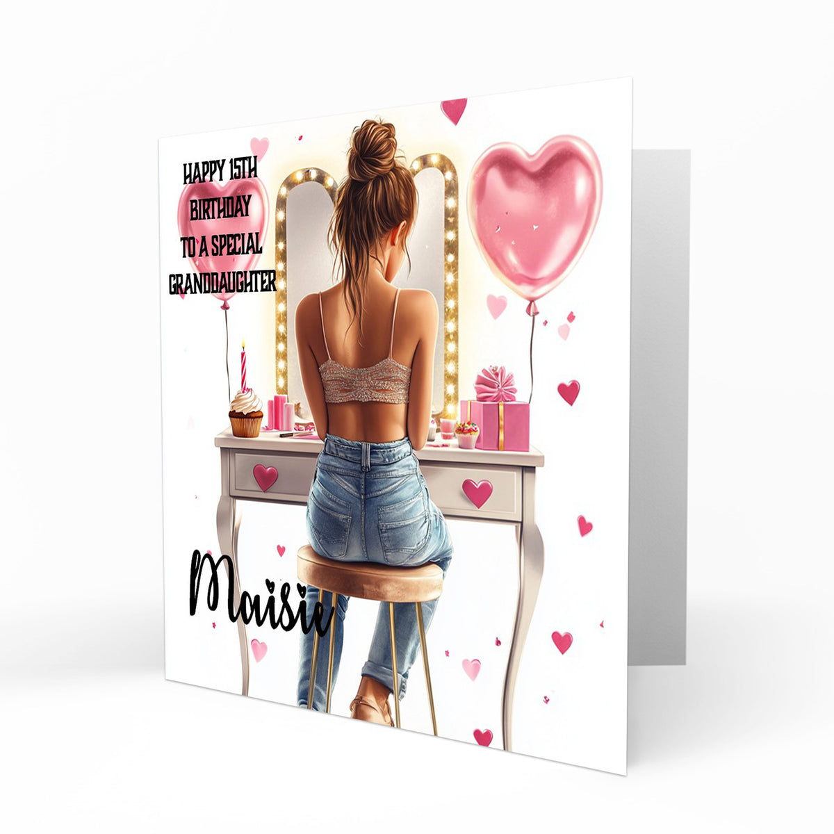 Personalised 13th 14th 15th 16th Birthday Card Girls With Brown Hair, Granddaughter Niece Daughter Sister Friend Dressing Table Lights