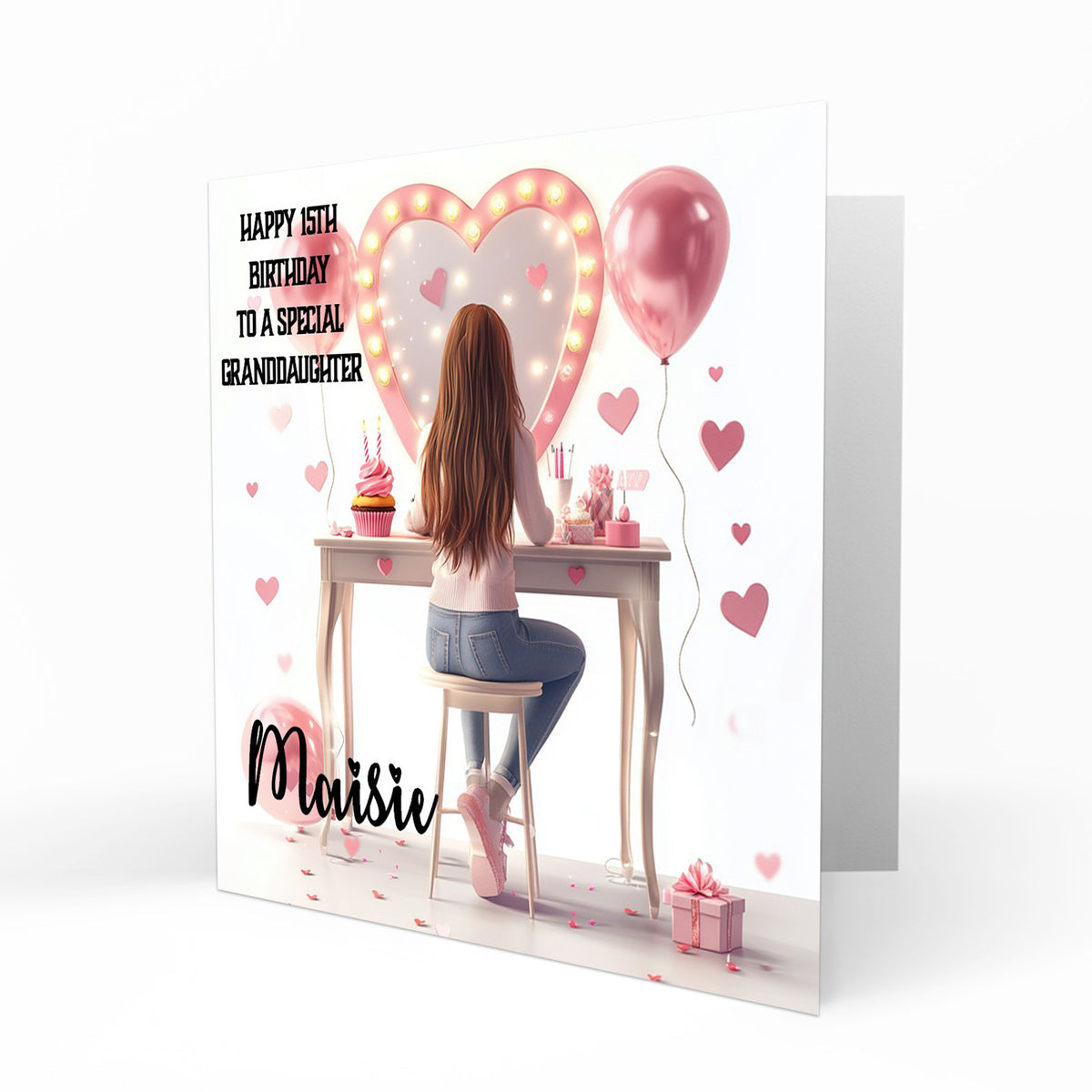 Personalised 13th 14th 15th 16th Birthday Card Girls Brown Hair Granddaughter Niece Daughter Sister Friend, Dressing Table, Any Age