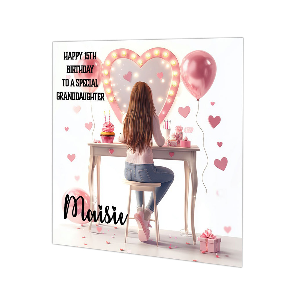 Personalised Birthday Card for Girls - Girl at a Light-Up Dressing Table