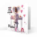 Personalised 15th Birthday Card - Girl at a Dressing Table with Pink Hearts
