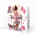 Personalised 15th Birthday Card - Girl at a Dressing Table with Pink Hearts
