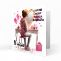 Personalised 15th Birthday Card - Girl at a Dressing Table with Pink Hearts