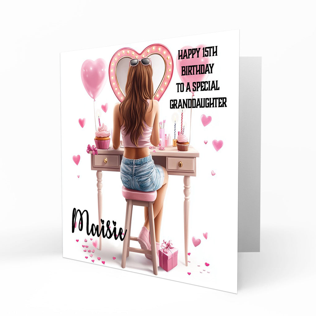 Personalised 13th 14th 15th 16th Birthday Card Girls Brown Hair Granddaughter Niece Daughter Sister Friend, Dressing Table, Any Age