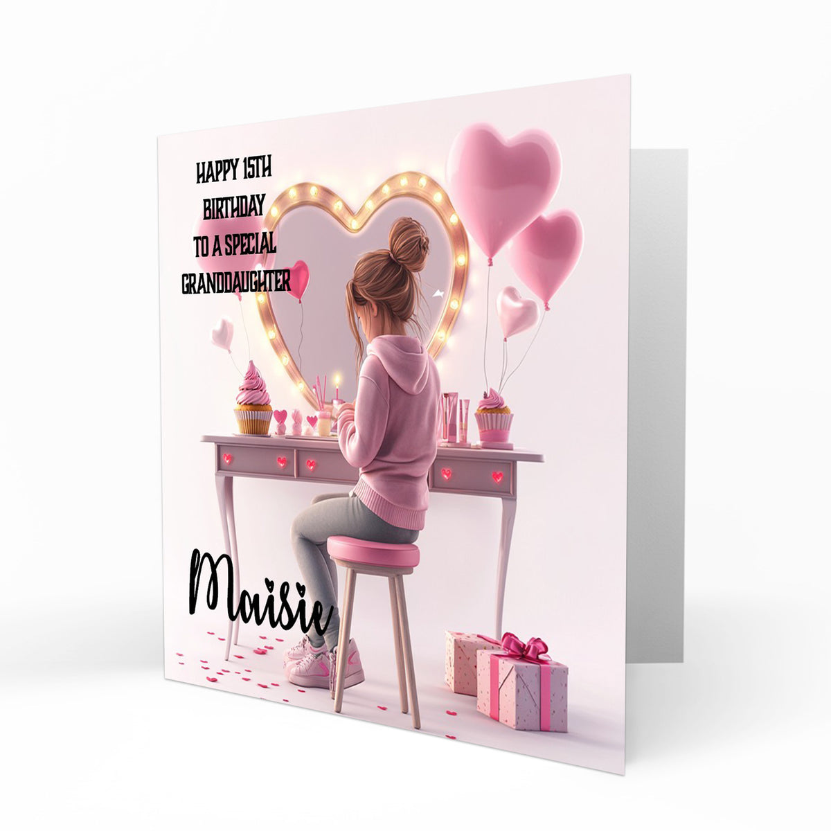 Personalised 15th Birthday Card - Girl at a Dressing Table with Pink Hearts